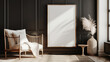 © Tanya - Home Decor. Mockup picture frame hanging on a dark wall in contemporary living room. Copy space.