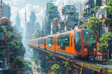 Modern tram carves path through verdant high-rise canyon, soft sunlight filtering through dense foliage, illustrating a utopian blend of nature and urban development.