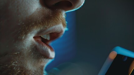 A closeup of a mans mouth speaking into a voice recognition app on his smartphone using it as a password to unlock and access his personal information. .