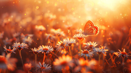 Wall Mural - Meadow in full bloom with butterfly at golden hour. Floral banner.