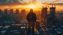 A Man Standing On A Rooftop Overlooking A City At Sunset.