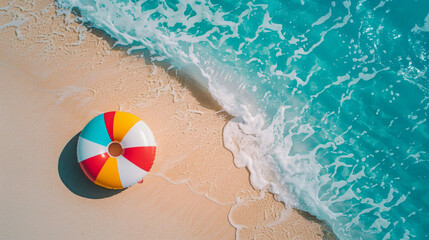Poster - Aerial view of a sandy beach with waves embracing a vibrant beach ball