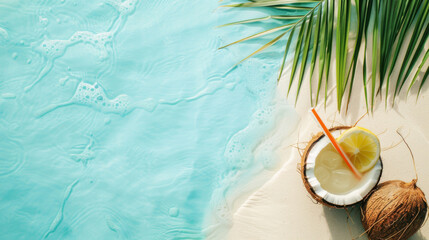 Poster - Serene tropical beach scene with a refreshing coconut beverage and palm leaf