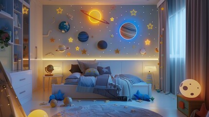 A bedroom with a space theme, featuring a bed with a blue comforter and pillows