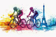 Colorful watercolor paint of cyclist athlete on race bike by eiffel tower