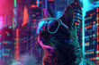 Close-up of a stylish cat with neon glasses against a vibrant cityscape, ideal for modern lifestyle themes.