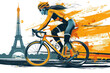 Orange watercolor paint of cyclist athlete on race bike by eiffel tower
