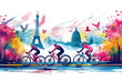 Pink watercolor paint of cyclist athlete on race bike by eiffel tower