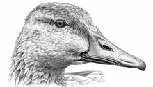 Close-up Of A Duck Or Goose Head In Monochrome Colors. Domestic Bird. Illustration For Cover, Card, Postcard, Interior Design, Banner, Poster, Brochure Or Presentation.