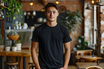 Young man in black t-shirt and jeans at a cozy restaurant on a summer day. Mockup of a design t-shirt template for print presentation.