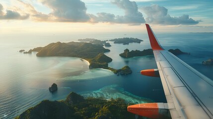 Wall Mural - airplane wing flying over tropical islands aerial view from window at golden hour travel concept photo