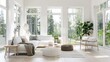 bright and airy scandinavian living room with large windows white interior 3d rendering