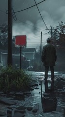 Poster - a man standing in the rain looking at a sign