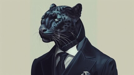 elegant black panther in modern suit and tie anthropomorphic fashion portrait digital art