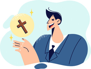 Poster - Business man with christian cross praying to god asking for help in solving professional problems. Believing guy, manager with catholic crucifix, creates company according to christian canons