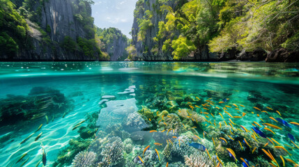 Poster - Pristine underwater view with vibrant fish and coral in a sunlit tropical lagoon