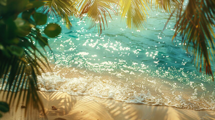 Poster - Golden sunlight glistens on a serene tropical beach, fringed by palm leaves