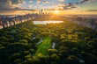 A stunning aerial view of Central Park at sunset, with the New York City skyline in the background and lush greenery spread across its vast expanse. The sun casts long shadows over the trees as it set