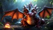 dragon in the night A little dragon, its scales shining. It has a lovely snout and huge, loving eyes. Its tail is long and curved, and its wings are big and bright. The fireball that the dragon is pla