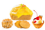 Fototapeta Na ścianę - Lemon cupcake, nut cookies and fruit cake, isolated on white. Collage.