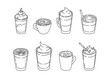 Minimalistic line art illustration set of coffee cups and drinks isolated on white background. Vector illustration