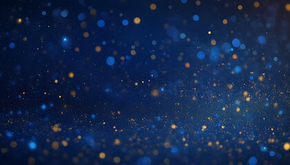 Background with Dark blue and gold particle, Christmas background with gold stars and sparkling, Christmas Golden light shine particles bokeh on navy blue background. Generative AI