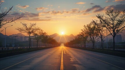 Poster - A road with a sunset in the background. The sun is setting behind the mountains. The road is empty and the trees are bare