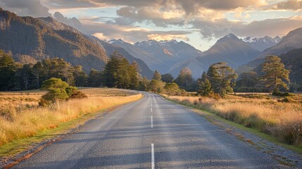 Poster - A long road with a mountain range in the background. The road is empty and the sky is cloudy