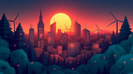 Wall Mural - A city skyline with a large sun in the background