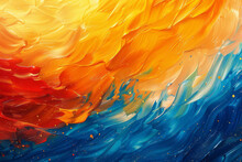 An Abstract Painting Where Brush Strokes Blend A Series Of Cool Blues Into Hot Oranges, Evoking A Se
