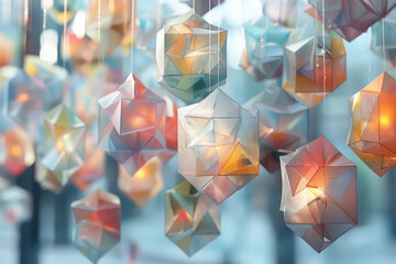 Poster - An art installation of suspended shapes where each layer adds a level of complexity to a fundamental
