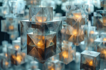 Poster - An art installation of suspended shapes where each layer adds a level of complexity to a fundamental