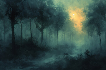 Poster - An illustration of a forest where the trees are painted with a wet-on-wet technique, creating an eth
