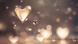 Heart-shaped water drops, bokeh light, golden yellow backlight. Symbol of sweet love.