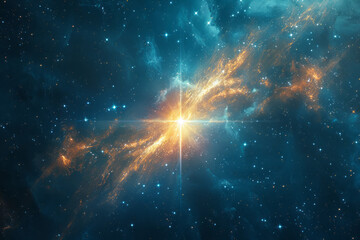 Poster - an image of a celestial representation of gamma rays, where rays extend from a star-like nucleus int