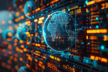 Poster - An image of a digital globe displaying real-time stock market indices from around the world, highlig
