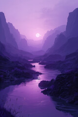 A digital animation that tells a story through a landscape transitioning through shades of purple, f