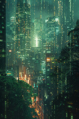 Aufkleber - A background of cascading binary code that morphs into a cityscape, symbolizing the digital foundati