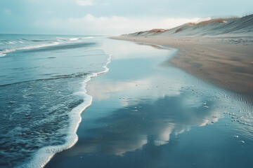 Aufkleber - A beach scene where the sand transitions from pale beige near the dunes to dark, wet brown near the