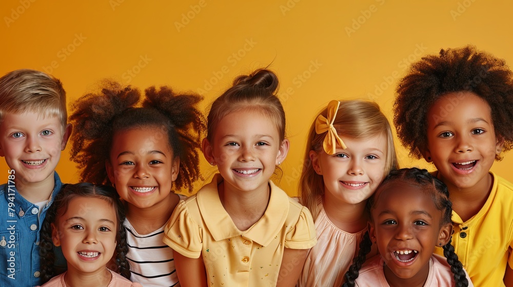 Happy diverse group of children smiling on a warm orange background ...