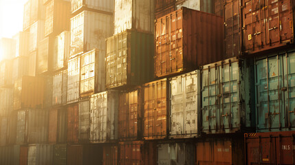 Wall Mural - Stacked shipping containers at sunset.