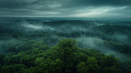 Poster - A lush green forest with foggy mist in the air