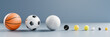 Sports balls in a row of various sizes 3d rendering.