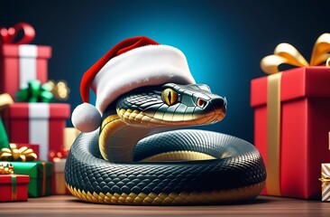 Golden green snake in a Santa Claus hat on a blue background lies among the Christmas gifts, a symbol of Christmas or New Yea