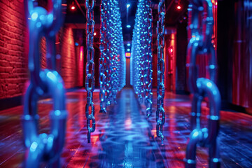 Poster - A nightclub design featuring a ceiling of hanging metallic chains that move and sway with the music,