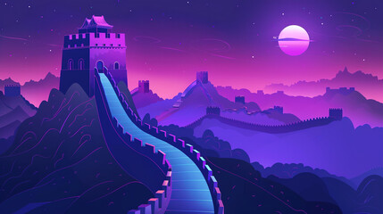 The Great Wall of China with simple background and purple and blue gradient color scheme. Flat illustration style. 