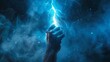 Electric power surge in human hand against dark backdrop