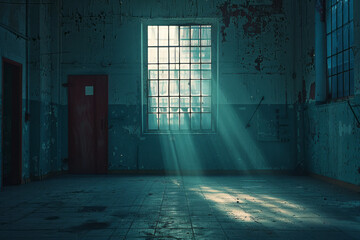 Leinwandbilder - A photograph of a dark room lit by the glow of substances undergoing beta decay, casting eerie shado