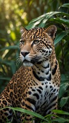 Wall Mural - Majestic jaguar captured amidst lush greenery of forest, its gaze fixed intently at distant point. Sunlight filters through dense foliage.