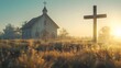 serene ambiance with a cross standing in front of a church, bathed in soft morning light against a backdrop of clear blue sky.